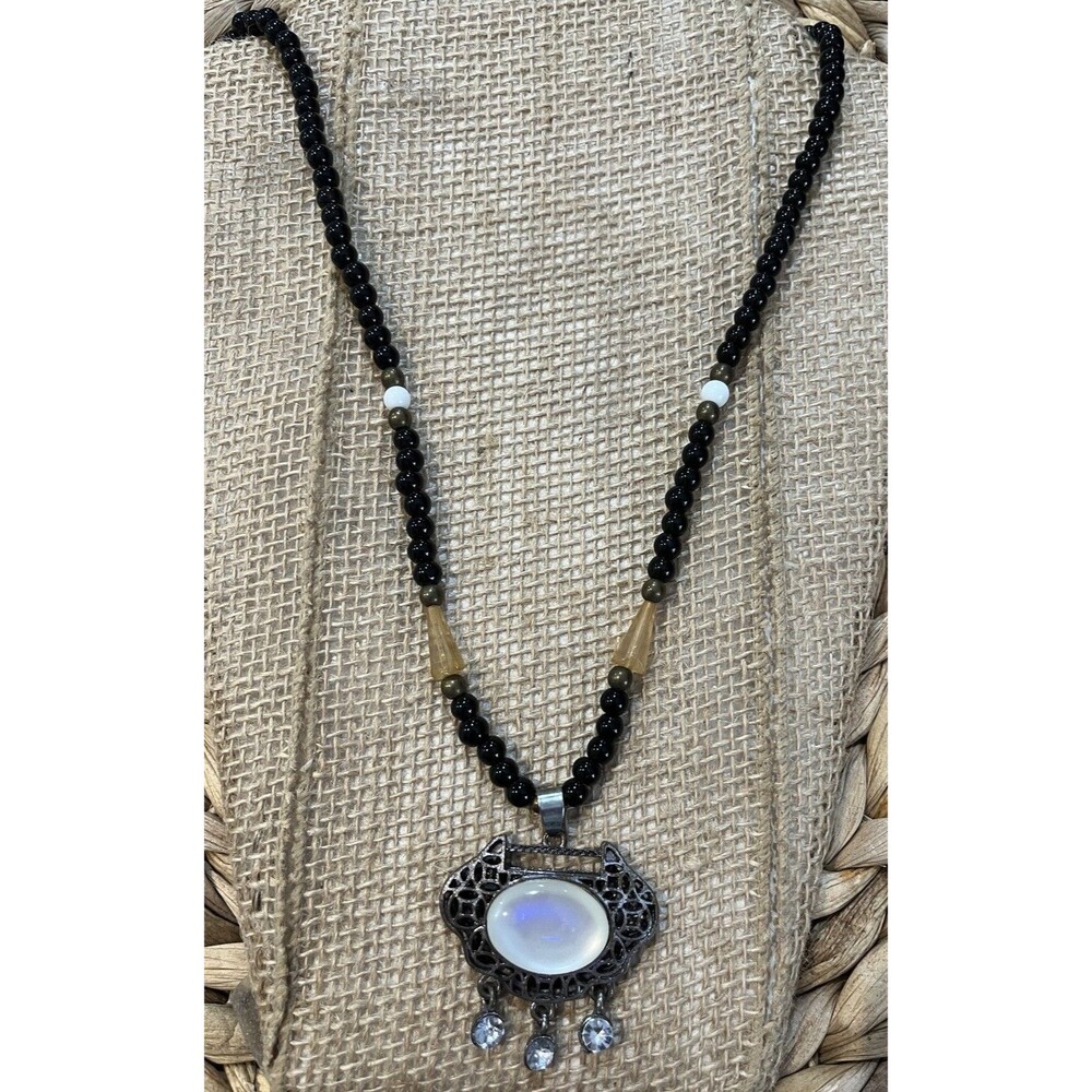 Long Beaded Pendant Necklace Mixed Genuine Tested Stones Silver Tone 28in